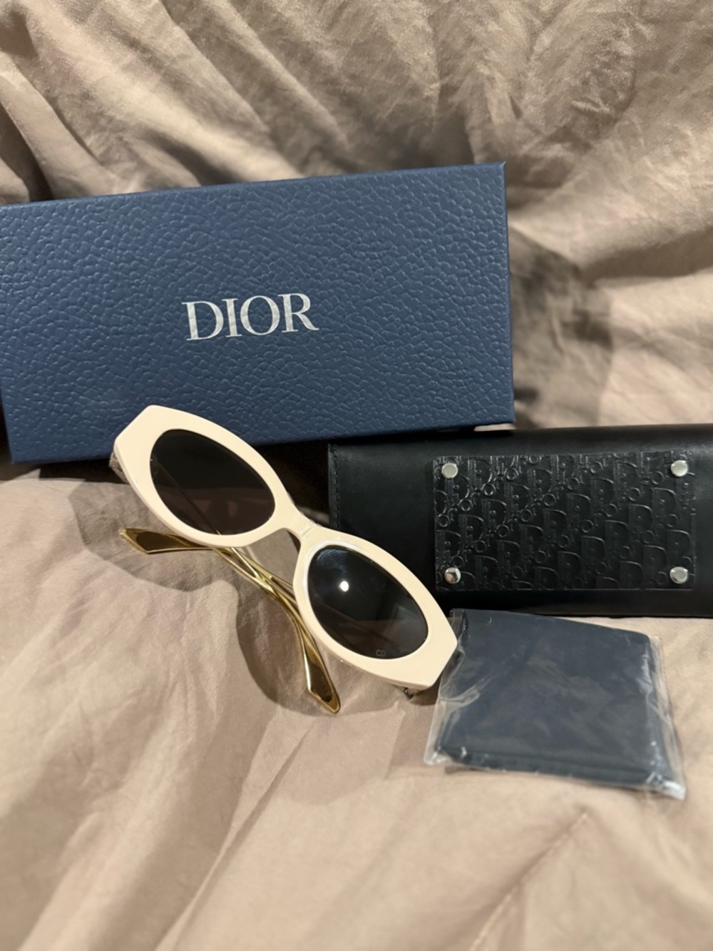 Dior Cream Oval Sunglasses with Gold Temples and Black Lenses